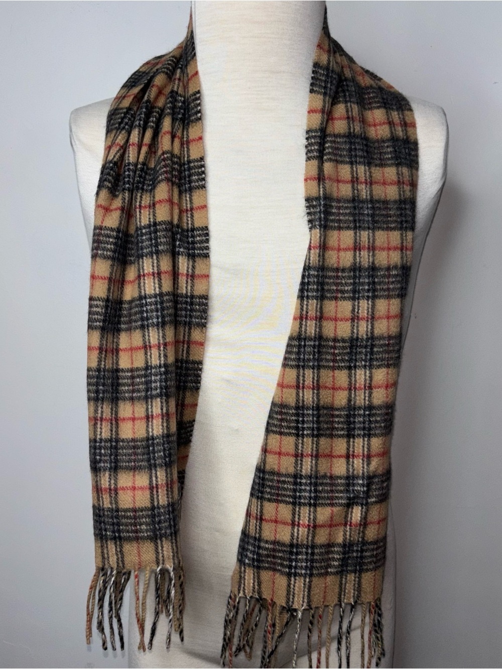 Geoffrey Beene 100% Pure Cashmere Scarf Brown Plaid Fringe Inner Mongolia - Picture 2 of 7